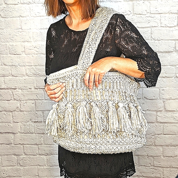 Cleobella Handbags - NWT~CLEOBELLA Boho Silver Metallic Macrame Bag